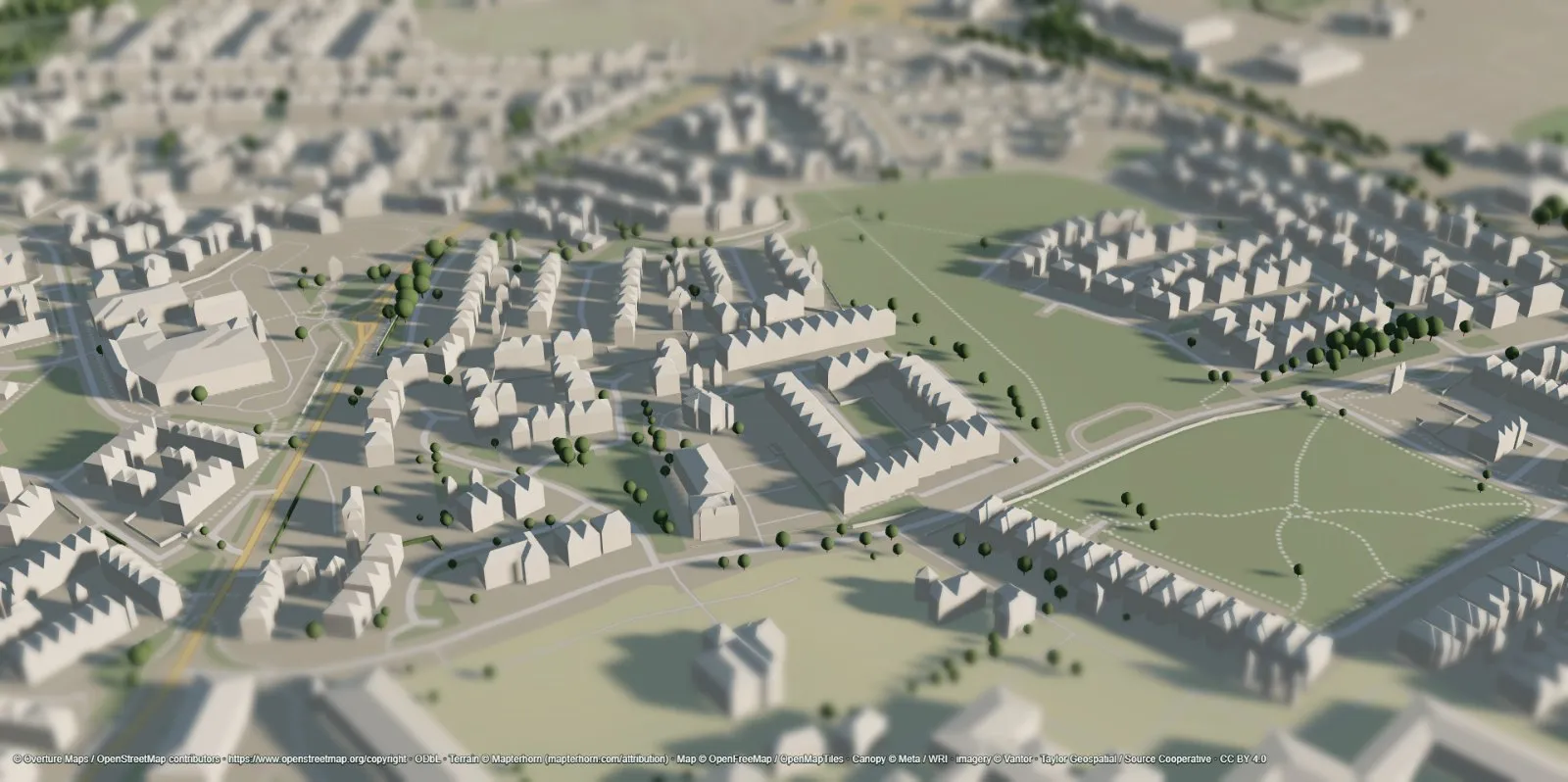 Sunframe capture of a town with a tilt-shift miniature effect