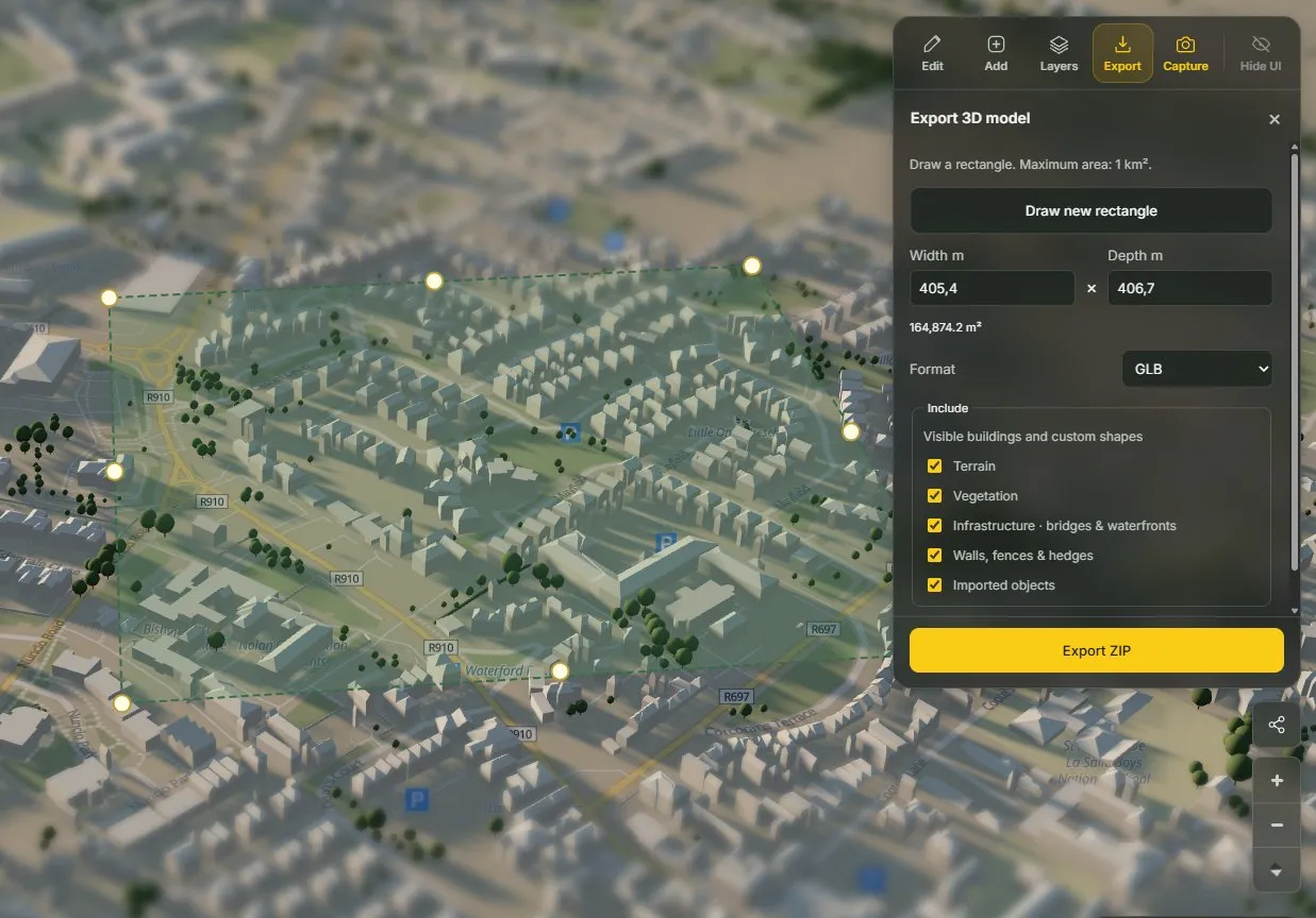 Sunframe Export 3D model panel with a 405 by 407 metre area selected over a neighborhood