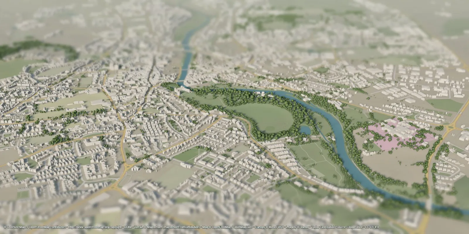 Sunframe rendering of a riverside town with dense canopy-height trees along the river
