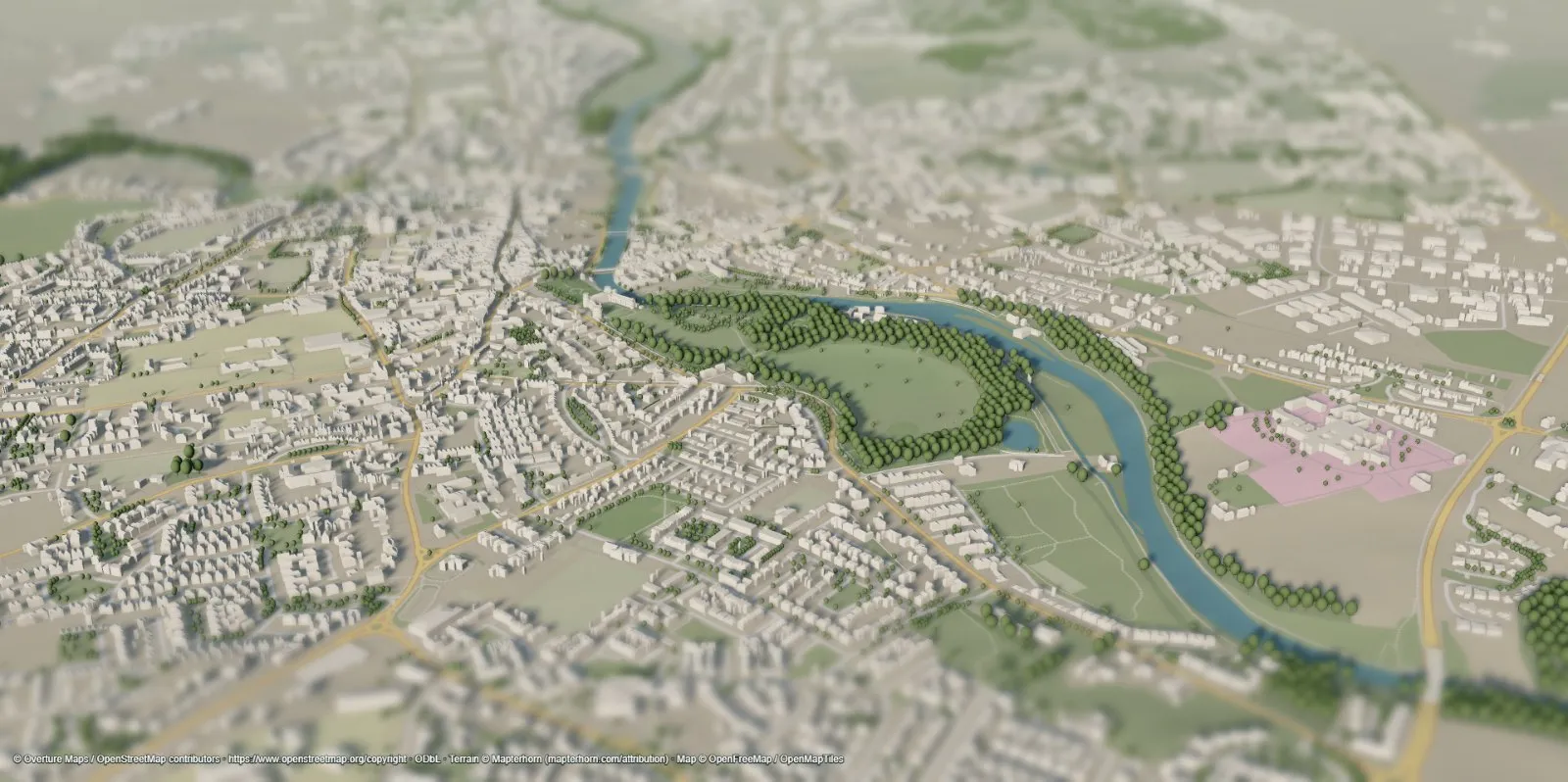 Same riverside town with estimated woodland trees only in mapped forest areas