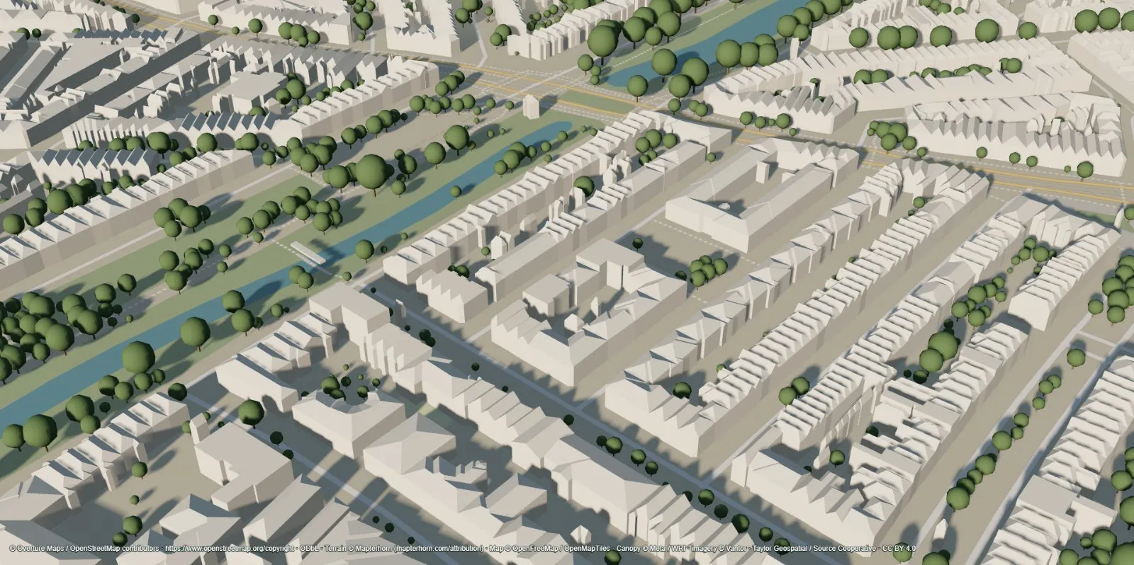 Sunframe rendering of terraced streets with reconstructed pitched roofs, canal and trees