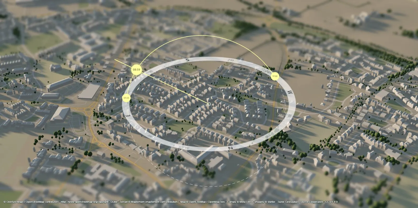 Sunframe sun path compass over a town, marking sunrise 07:23, current time 08:59 and sunset 17:00